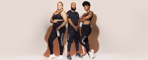 Three models with fitness collection on and a peach background