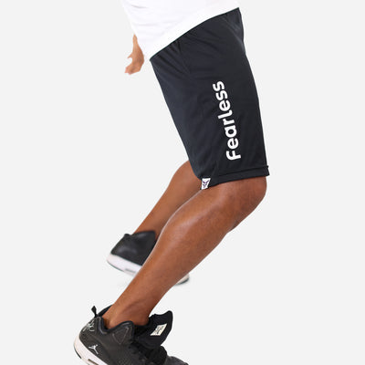 Black basketball shorts with white fearless logo