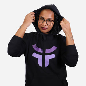 woman wearing black fearless pullover with hood up