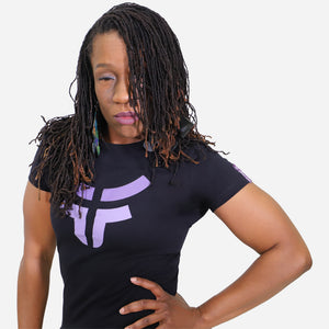 woman wearing classic black fearless logo shirt